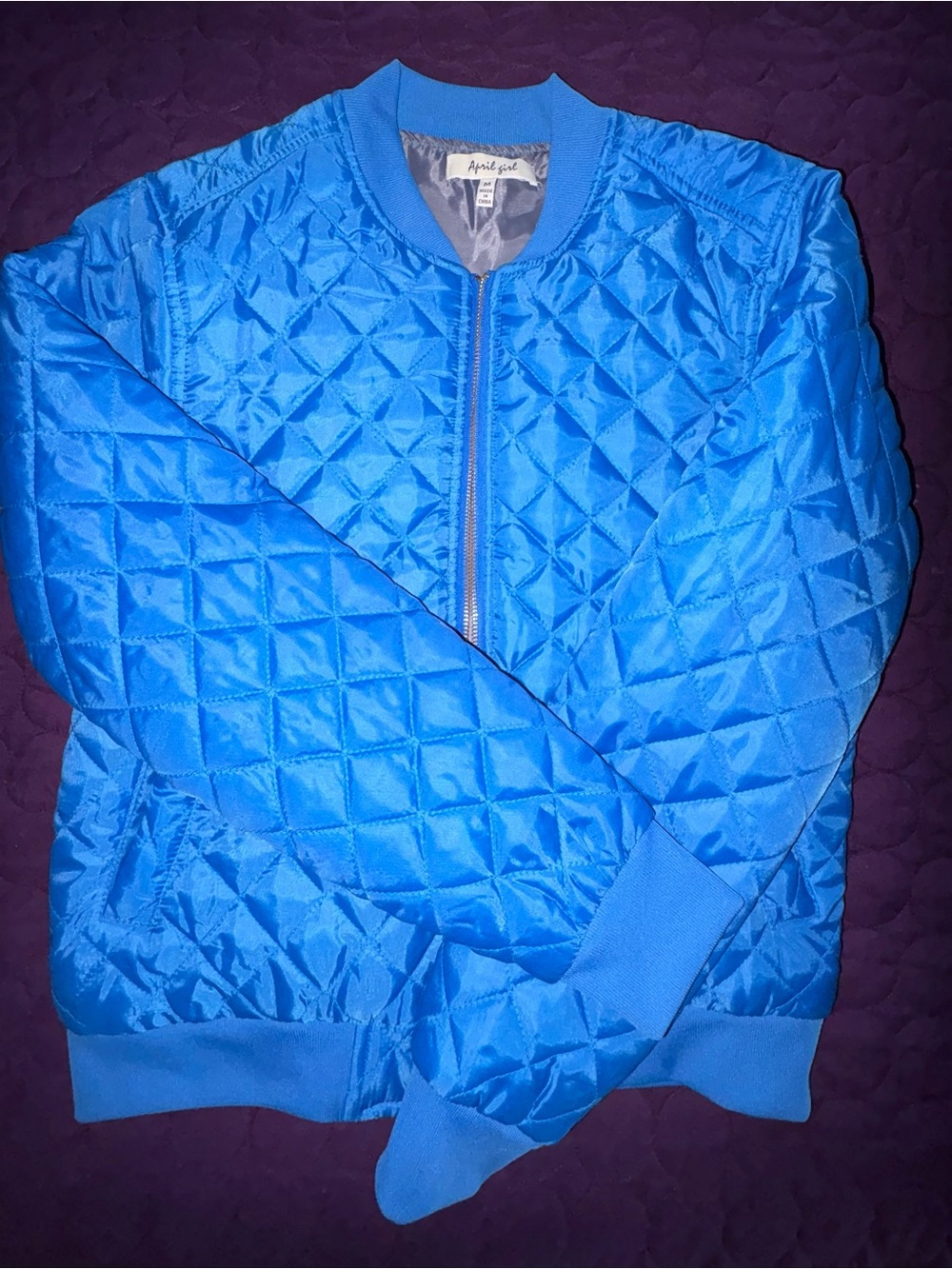 April Girl Bright Blue Quilted Bomber Jacket, Lightweight, Women’s M. Like new.